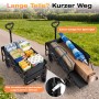 Zwei schwarze faltbare Bollerwagen: einer mit Einkäufen, der andere mit offener Heckklappe für lange Campingartikel.