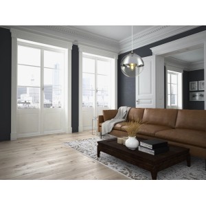 Moderne Globo Pendelleuchte Varus mit nickel-mattem Glasschirm in Wohnraum.