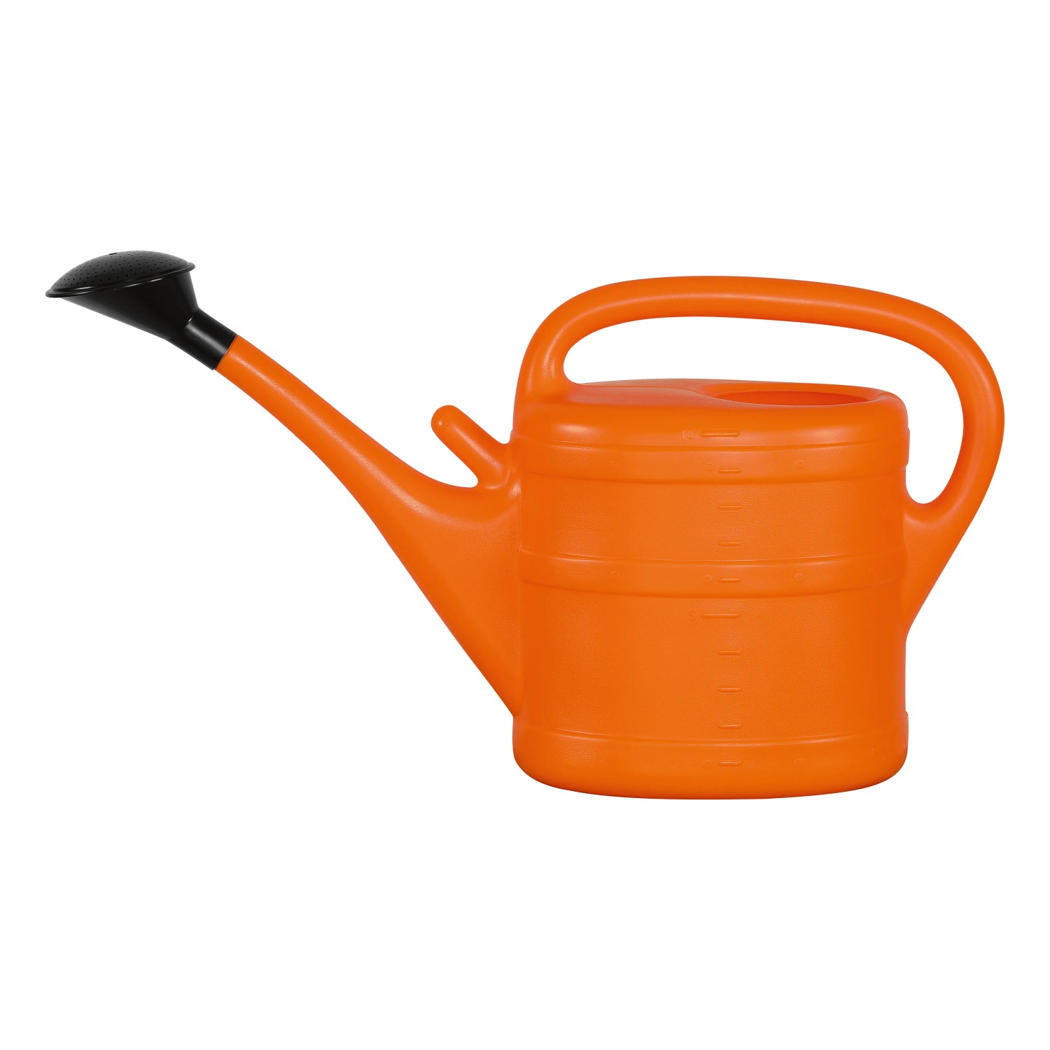 Orangefarbene OBI Gießkanne (10 Liter) aus Kunststoff mit abnehmbarer Brause.
