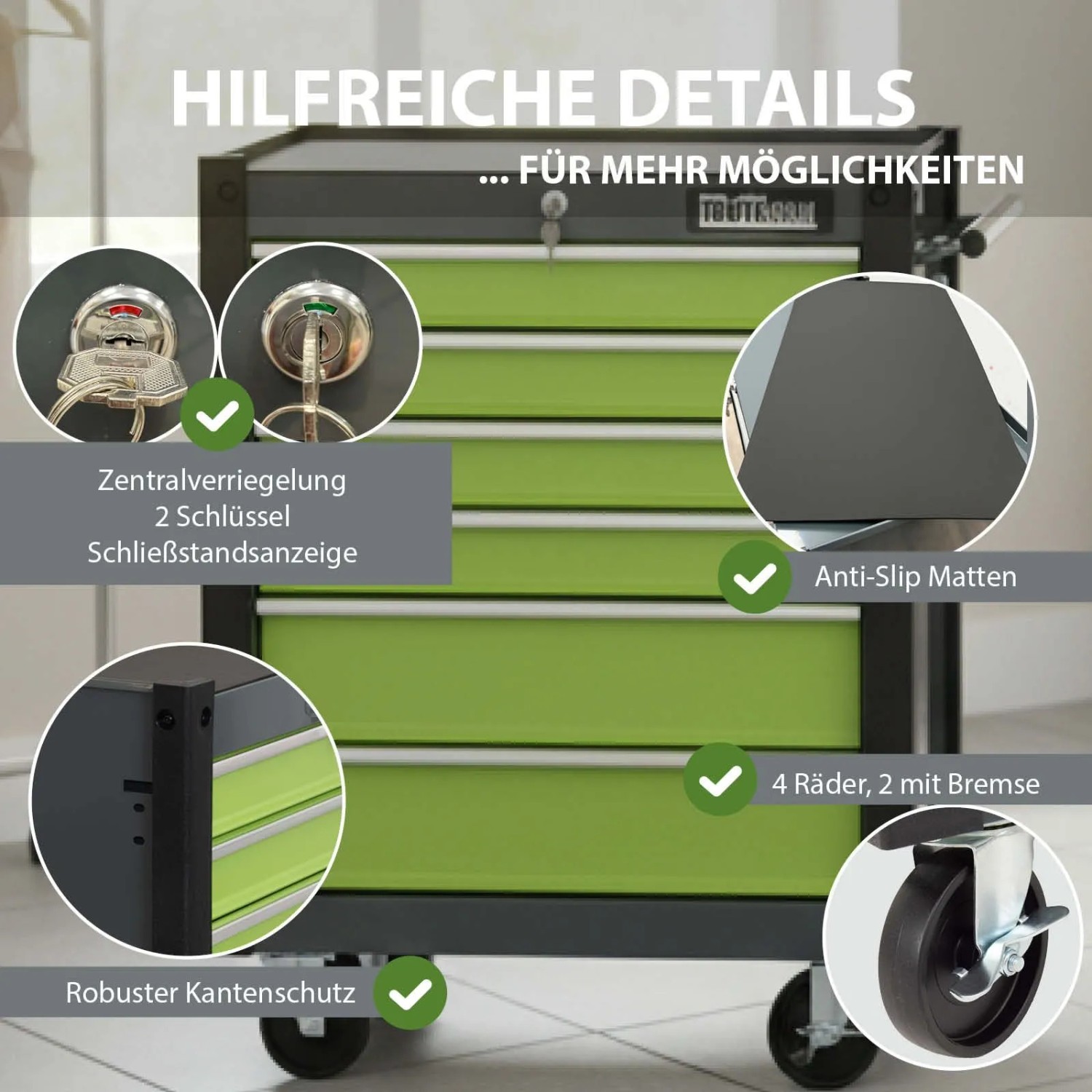 Grüner Trutzi Werkzeugwagen mit 6 Schubladen, Details: Rollen, Kantenschutz, Antirutschmatte, Schlüssel.