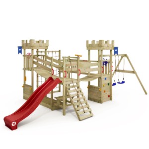 Wickey Spielturm Smart Arch mit roter Rutsche, Schaukel und Kletterwand.