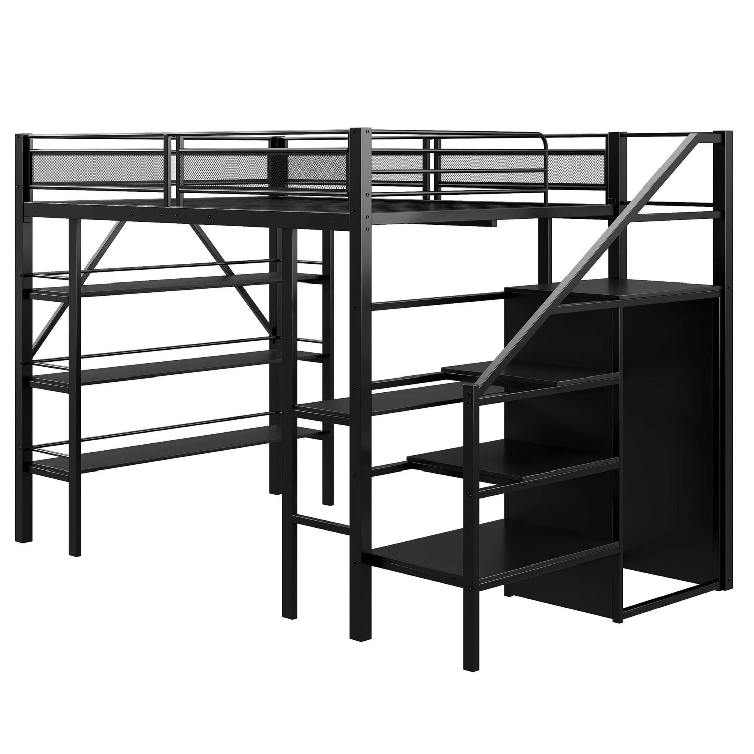 okwish Hochbett 140x200cm mit LED Beleuchtung Steckdose Bücherregal Schwarz ohne Matratze