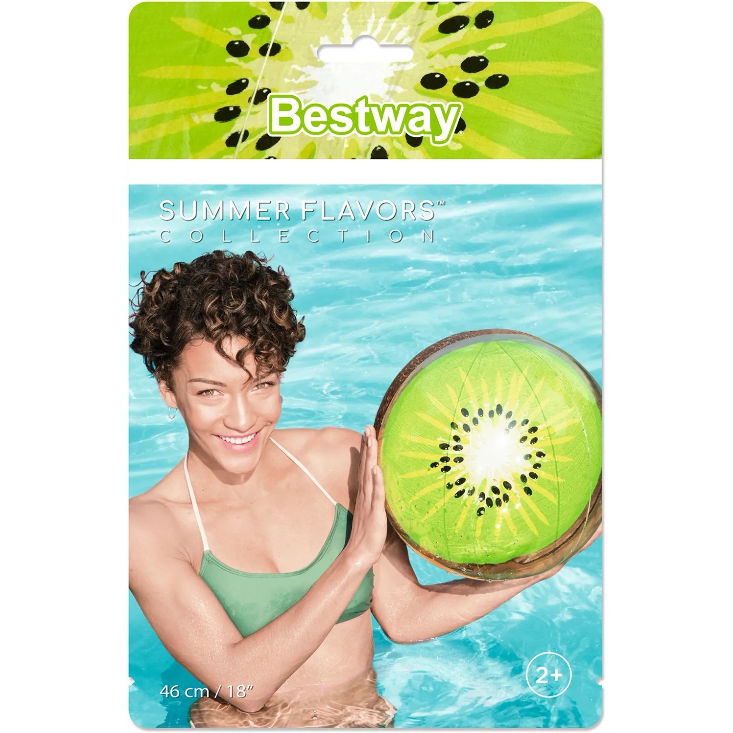 Frau hält Bestway Wasserball Sommerfrucht Kiwi Design im Wasser.