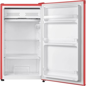 Offener Respekta Kühlschrank Rico in Rot, Retro Design mit Innenraum und Ablagen.