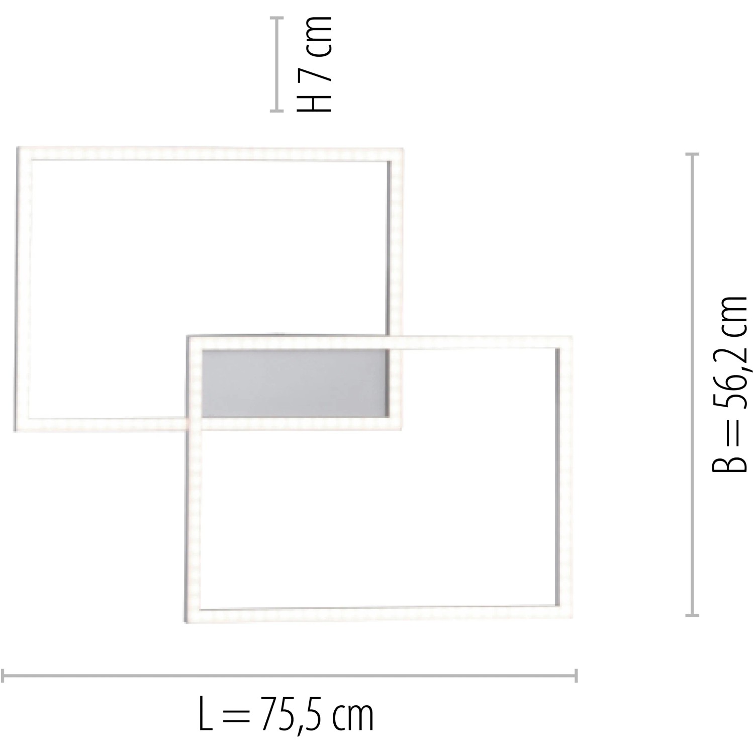 Abbildung der Maße der stahlfarbenen Deckenleuchte Iven von Just Light (75,5 x 56,2 cm).