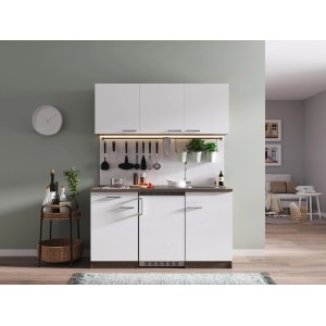 Respekta Küchenzeile KB150EYWC, 150 cm, Weiß/Eiche York Optik, mit Spüle, Kochfeld und Kühlschrank.