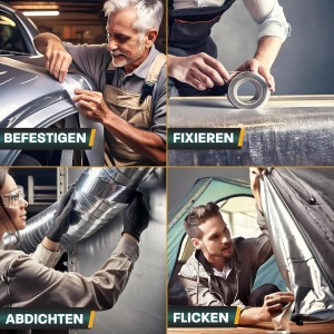 Anwendungsbeispiele Hinrichs Panzerband: Befestigen, Fixieren, Abdichten und Flicken mit schwarzem und silbernem Panzertape.