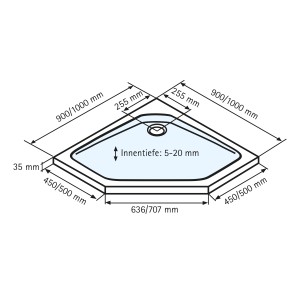 Technische Zeichnung: Schulte Duschwannen-Set Extraflach Fünfeck, 100x100 cm, Maße