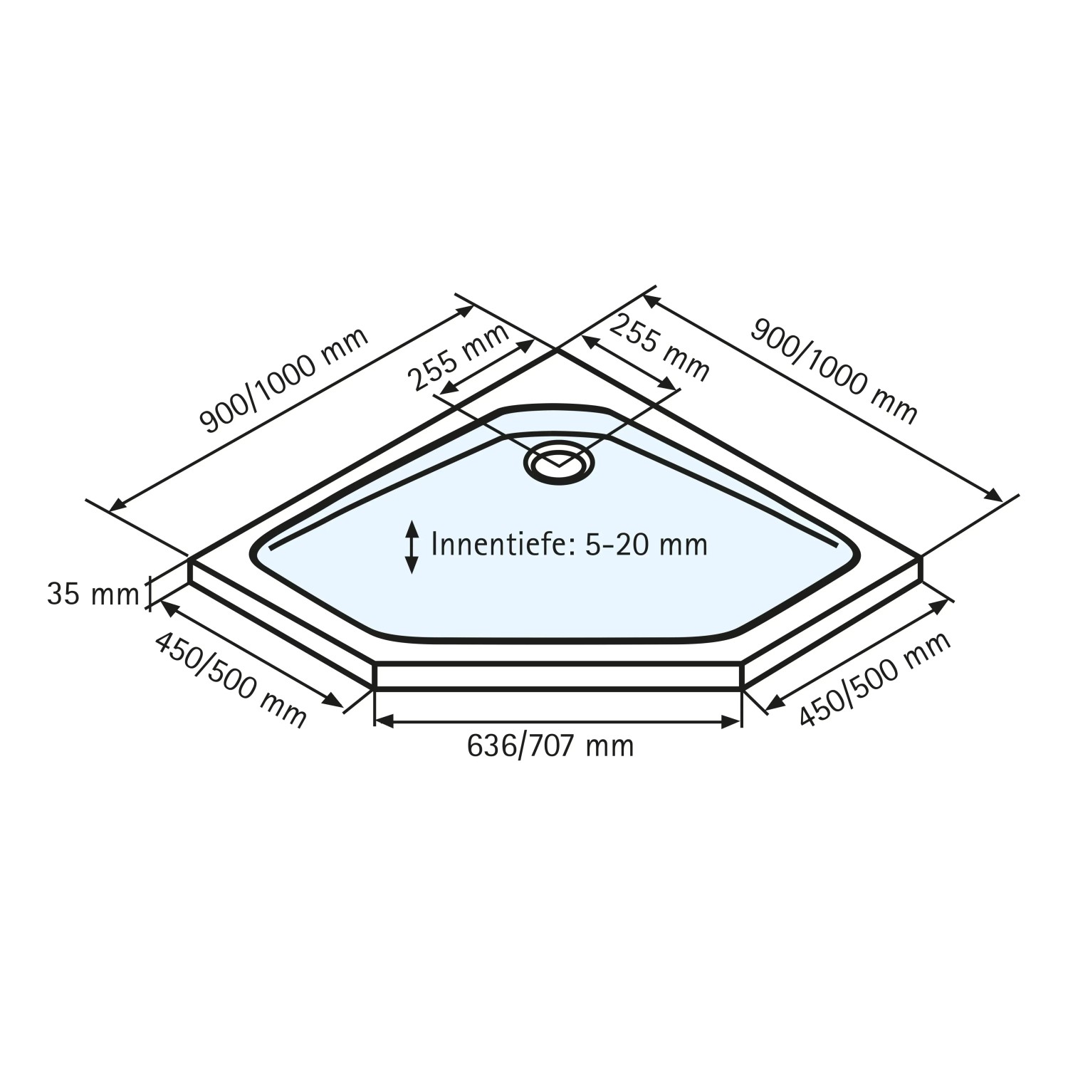 Technische Zeichnung: Schulte Duschwannen-Set Extraflach Fünfeck, 100x100 cm, Maße