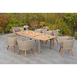 Merxx Gartenmöbelset Imperia, 7-teilig: Ausziehtisch und 6 Sessel mit Auflagen. Akazienholz und Kunststoffgeflecht.
