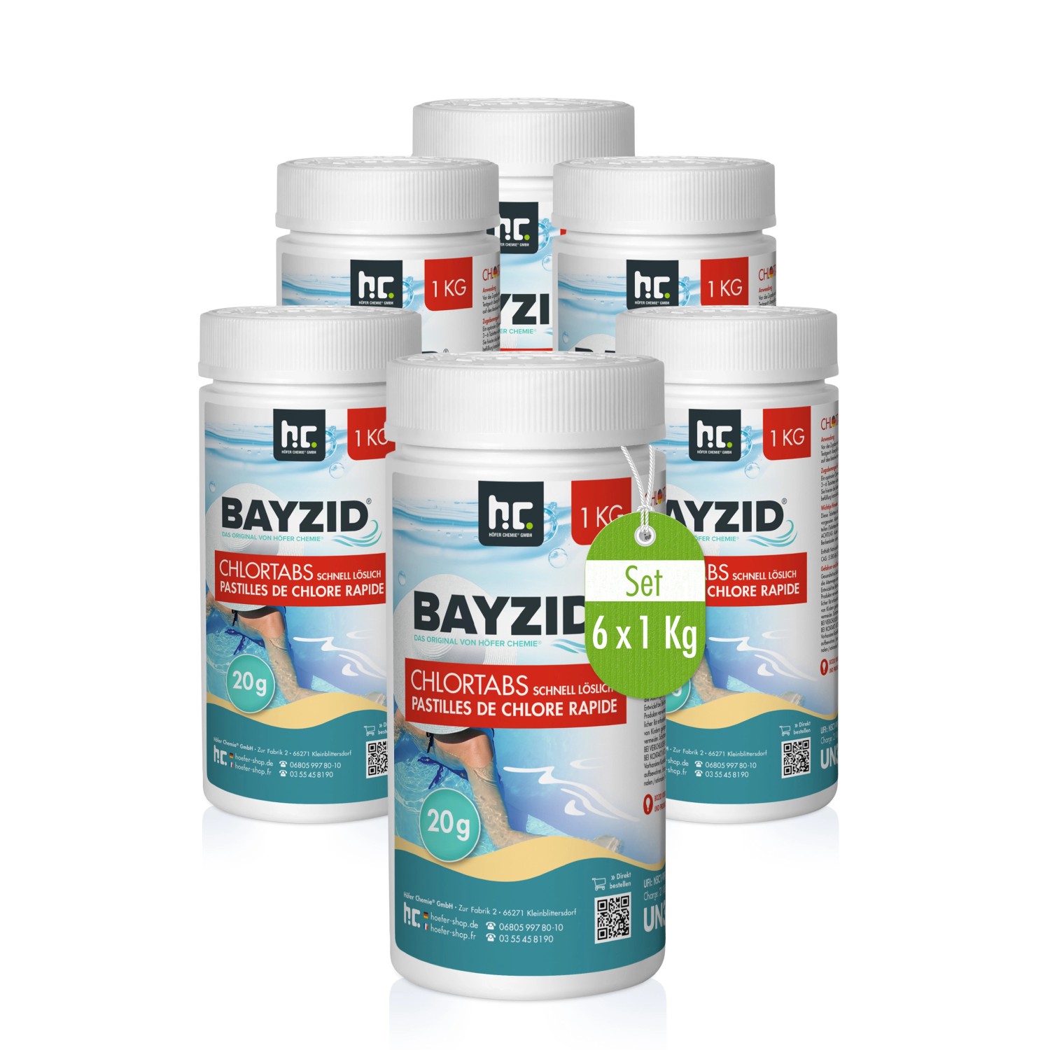 Bayzid Chlortabs 20g, 12x1kg, für Poolreinigung. Set aus 6 Dosen schnelllöslichem Chlor für Schwimmbad-Desinfektion.