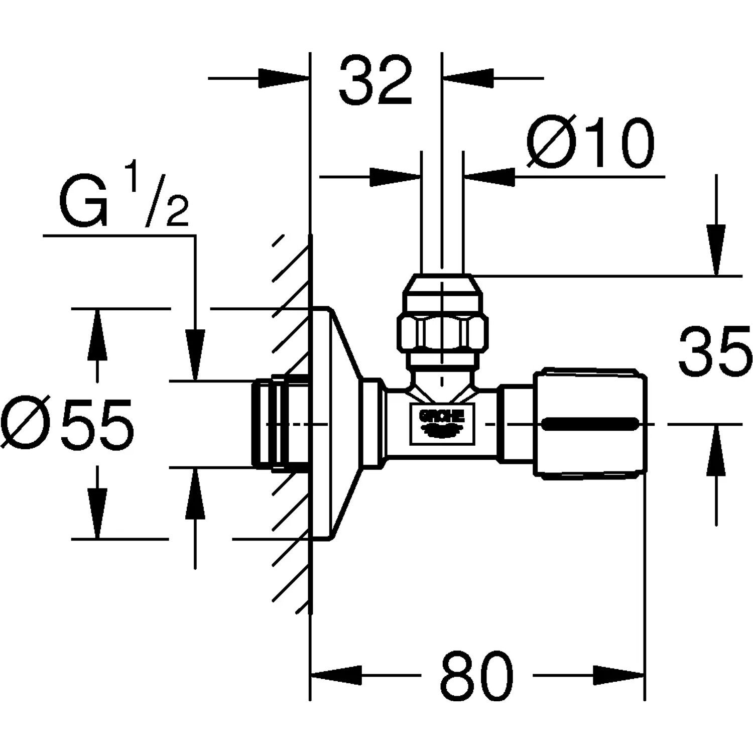 Technische Zeichnung: Grohe Eckventil 1/2 x 3/8 Chrom, Waschgeräte-Ventil mit Maßen.