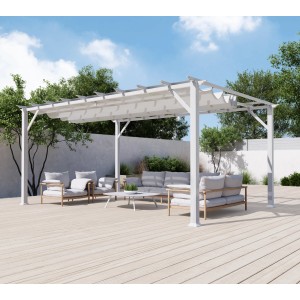 Weißer Pavillon Pergola Gazebo Florenz mit Sonnensegel und Gartenmöbeln.