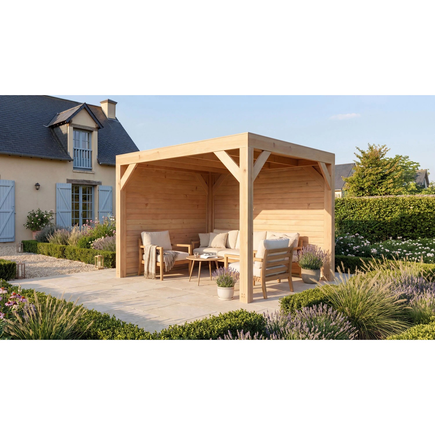 Moderne weka Gartenlaube Lumley aus Fichte mit Flachdach und 2 Holzwänden auf Terrasse, als Lounge genutzt.