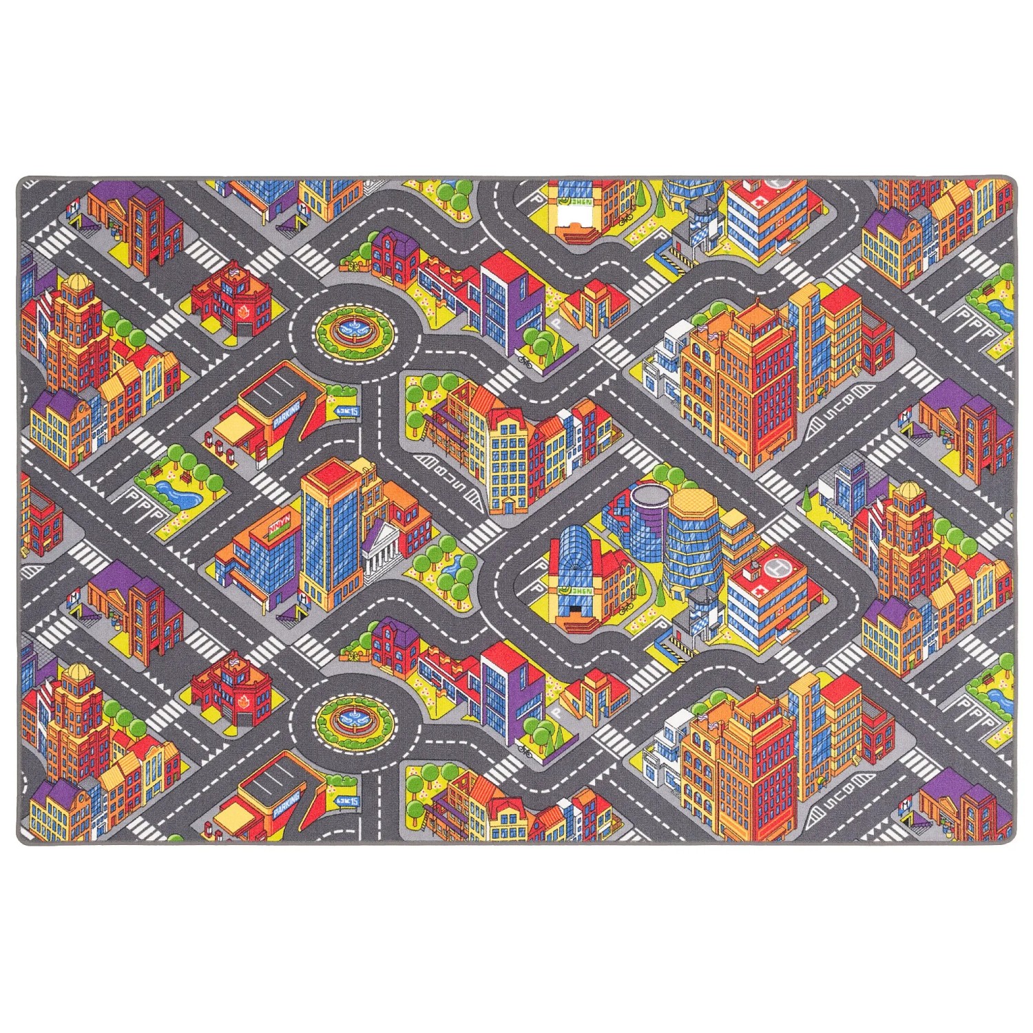 Hellgrauer Kinder Straßenteppich 200x300cm mit Stadtmotiv und Straßen.