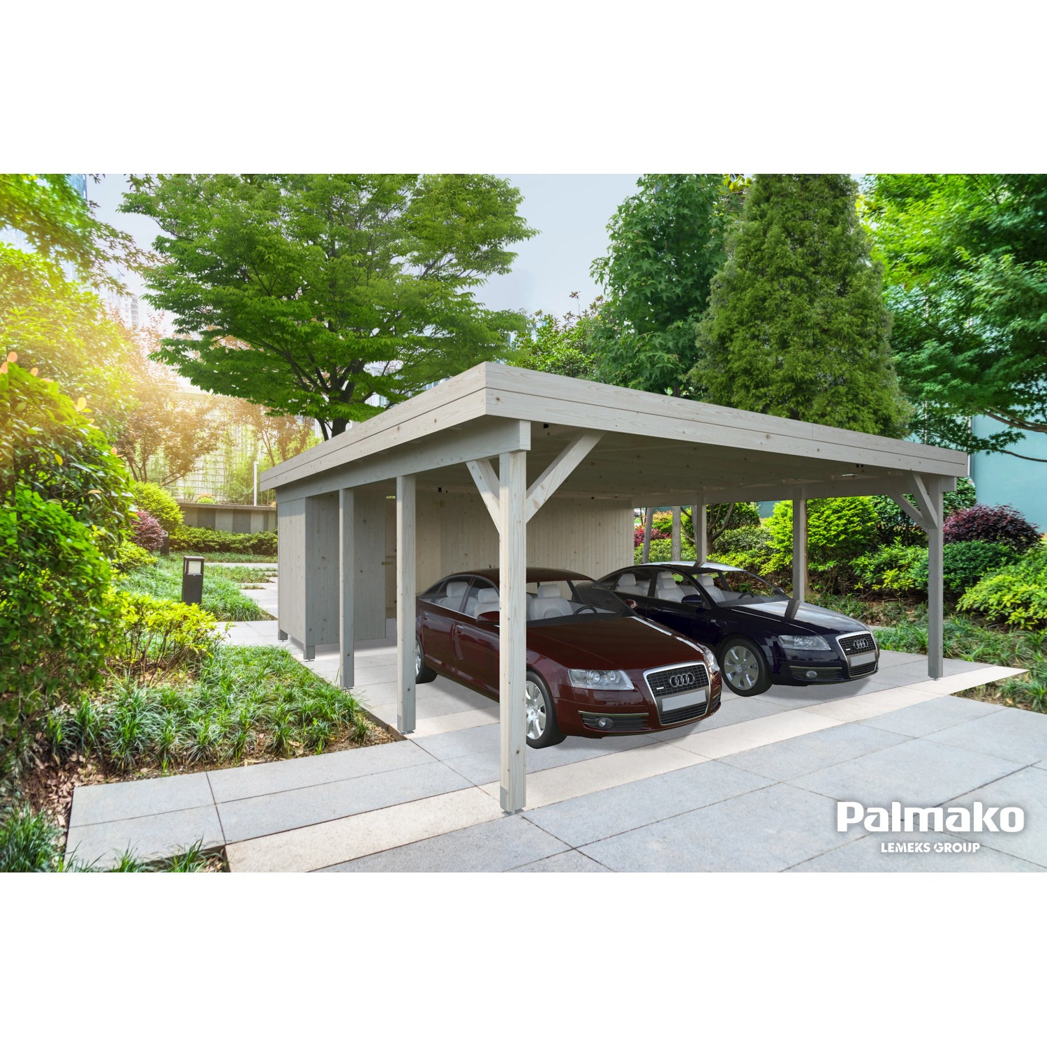 Palmako Anbauschuppen für Carport Karl mit zwei geparkten Autos im Garten.