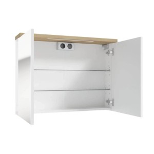 Weißer Spiegelschrank 80x60cm mit Holzoptik-Oberseite, offenen Türen, LED Beleuchtung, Steckdose und Glaseinlegeböden.