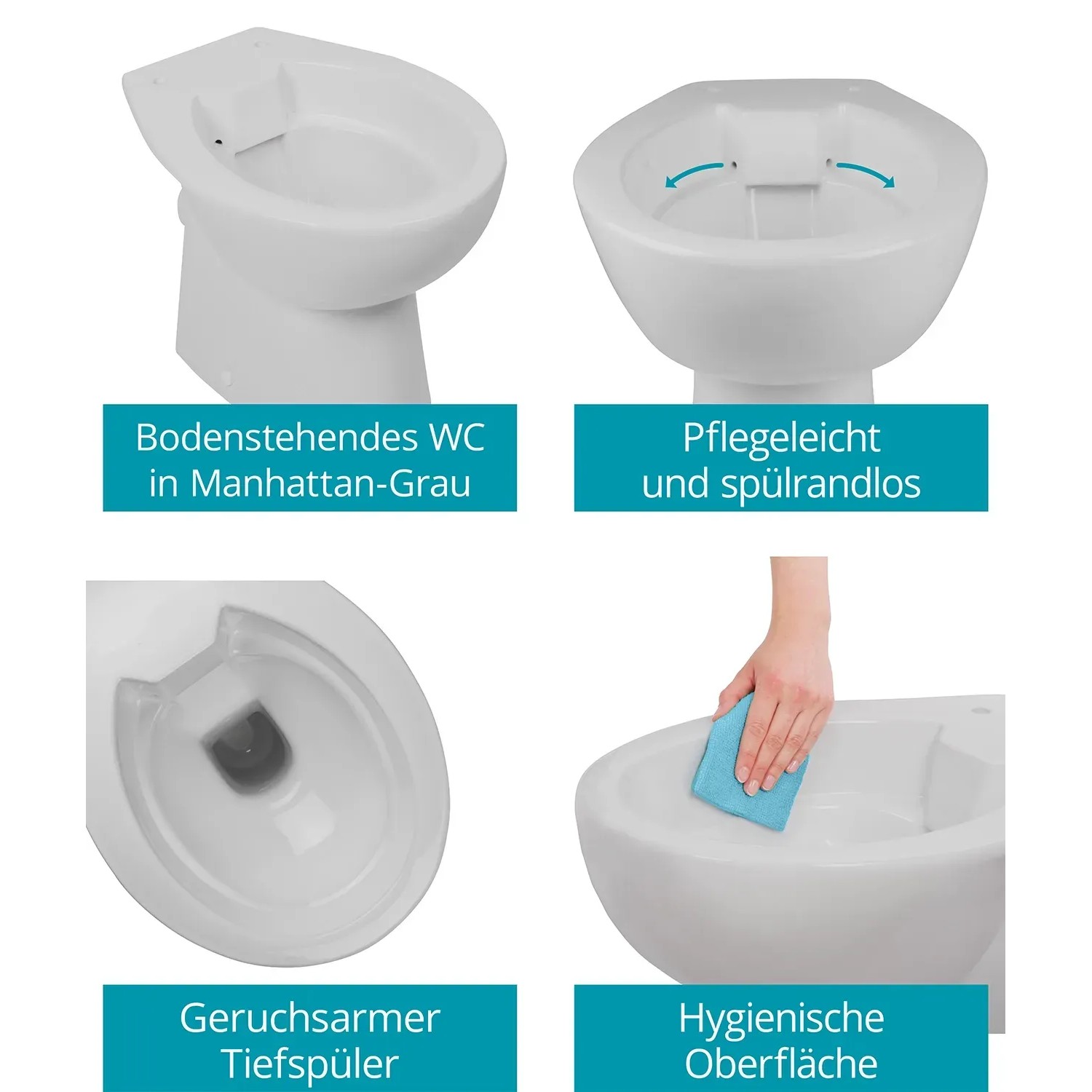 Calmwaters Stand-WC, spülrandlos, Manhattan-Grau, Tiefspüler, waagerechter Abgang. WC für Bad und Gäste-WC.