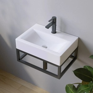 Rechteckiges, weißes Aquabatos Aufsatzbecken aus Keramik mit schwarzem Wasserhahn und Rahmen.