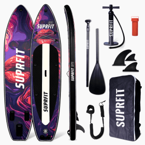 Suprfit Stand-Up Paddling Board Set mit farbigem Lippen-Design, Paddel, Pumpe, Finnen und Rucksack für Wassersport.