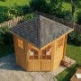 Imprägniertes 5-Eck Gartenhaus Sunny-A Natur, 200x200 cm, mit Spitzdach und Doppeltür im Garten.