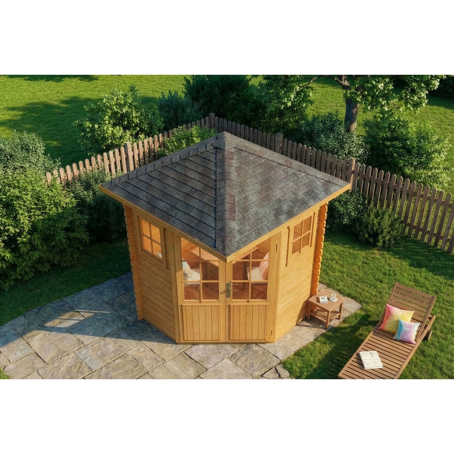 Imprägniertes 5-Eck Gartenhaus Sunny-A Natur, 200x200 cm, mit Spitzdach und Doppeltür im Garten.