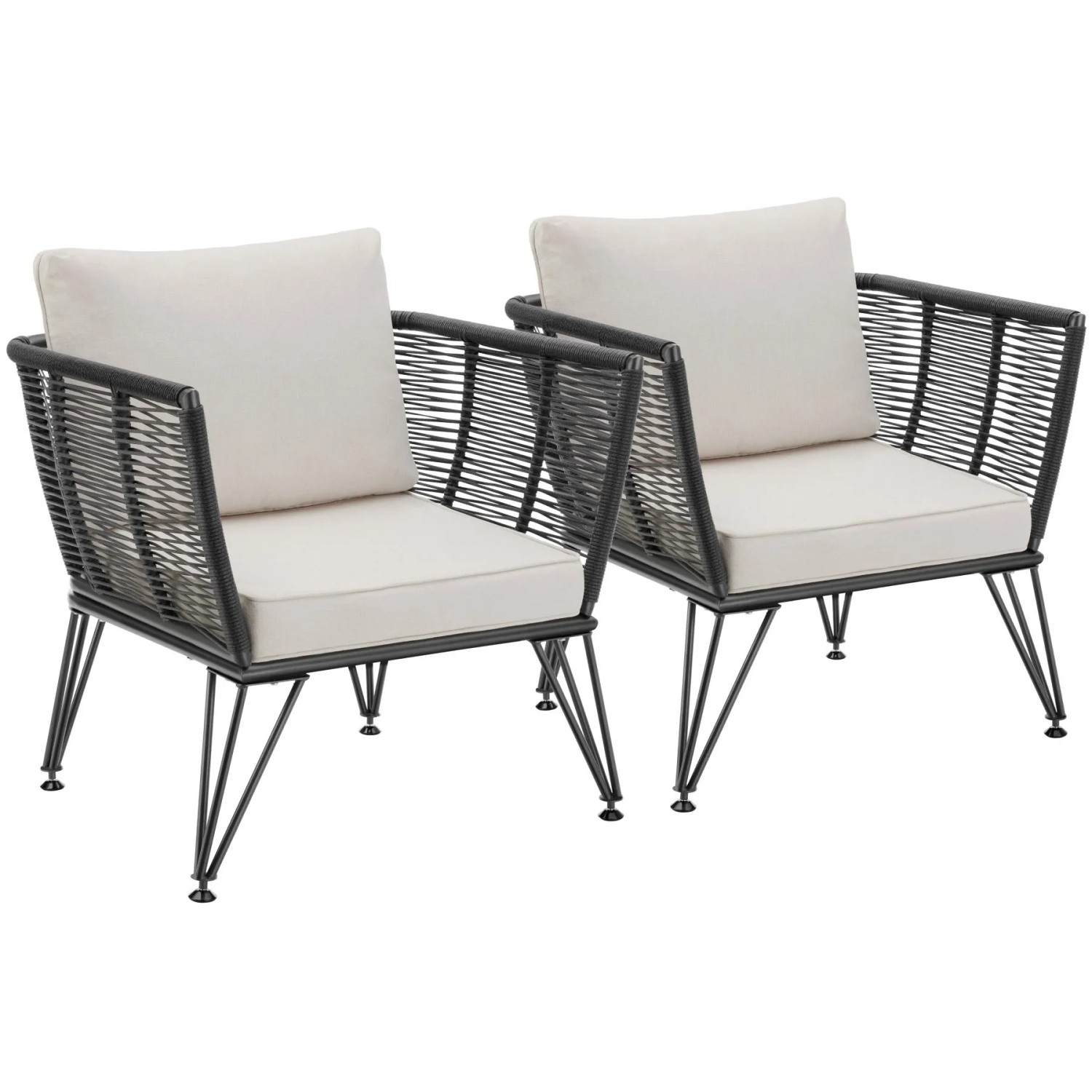 Tectake Garten Loungesessel Sundo Rundes Polyrattan Im Rope Design Dicke Der Sitzpolster 8 Cm 2Er 67 X 75 50 X 71 Cm Anthrazit