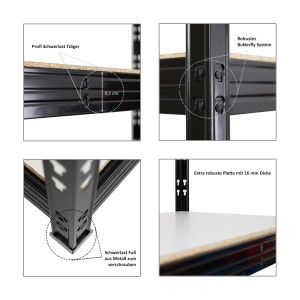 Detailansicht PROREGAL Schwerlastregal Rhino: Träger, Verbinder, Füße und robuste Platte.