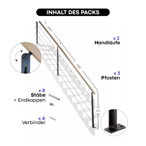 Kordo Treppengeländer Set: 4m Stahl, schwarze Pfosten, Buche Handlauf. Komplettes Geländer-Set für Treppen.