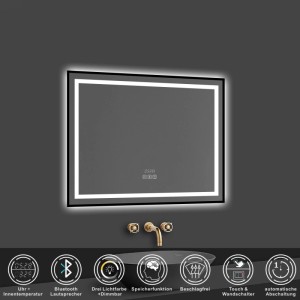 Rechteckiger LED Badspiegel mit schwarzem Rahmen, dimmbarer Beleuchtung, digitaler Uhr, Bluetooth und Antibeschlag.
