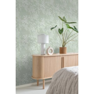 ESTAhome Vliestapete mit tropischen Blättern in Mintgrün, passend zum modernen Wohnstil.