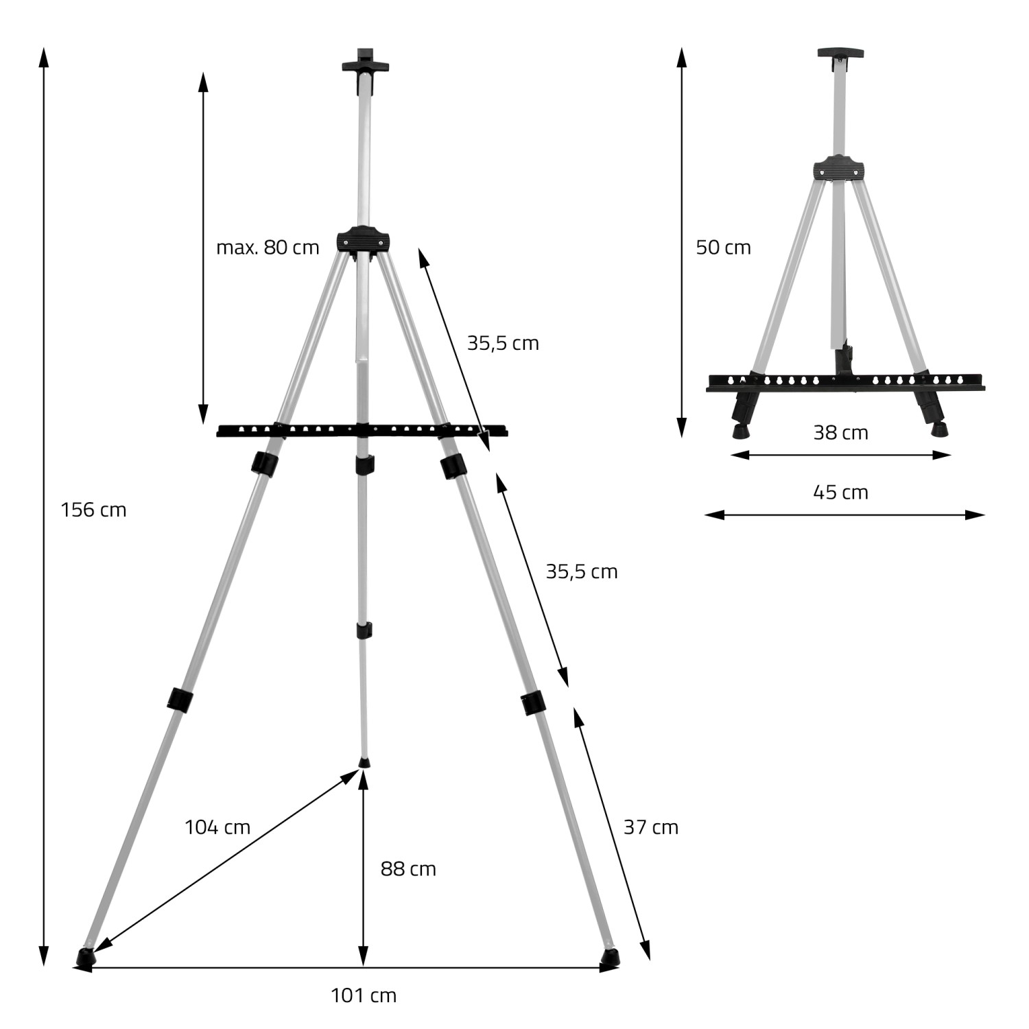 Silberne ECD Germany Atelierstaffelei aus Aluminium, höhenverstellbar für Künstlerfarben.