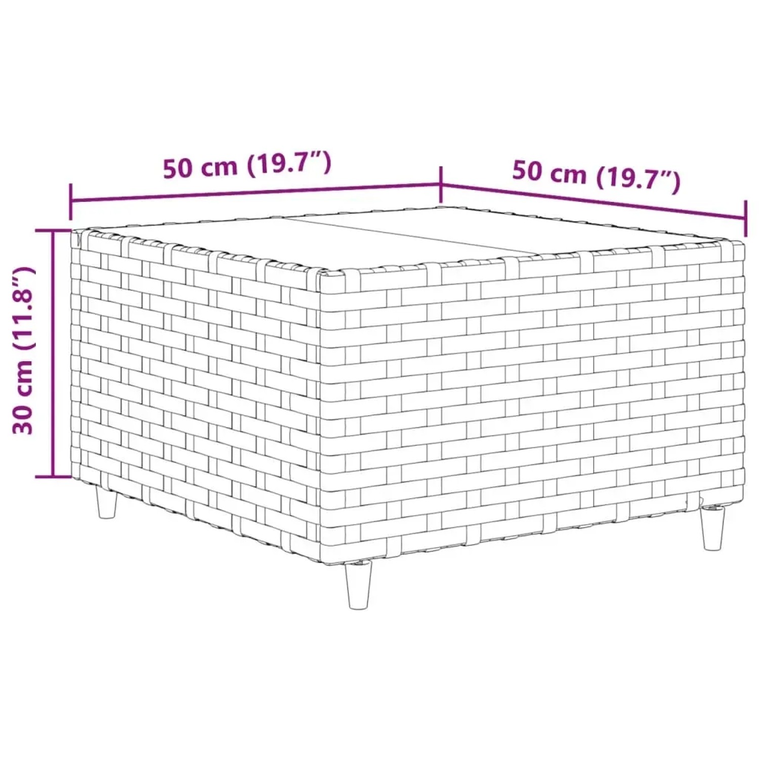 Skizze eines schwarzen vidaXL Gartenmöbel Couchtischs aus Rattan, 50x50x30cm.