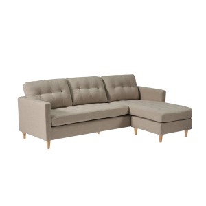 Ebuy24 Chaiselongsofa Marino, 3-Sitzer, sandfarbener Stoff mit Holzfüßen.