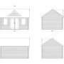 Technische Zeichnung Palmako Gartenhaus Claudia. Vier Ansichten mit Maßen: Front, Seiten, Rückseite. Blockbohlen, Doppeltür, Fenster.