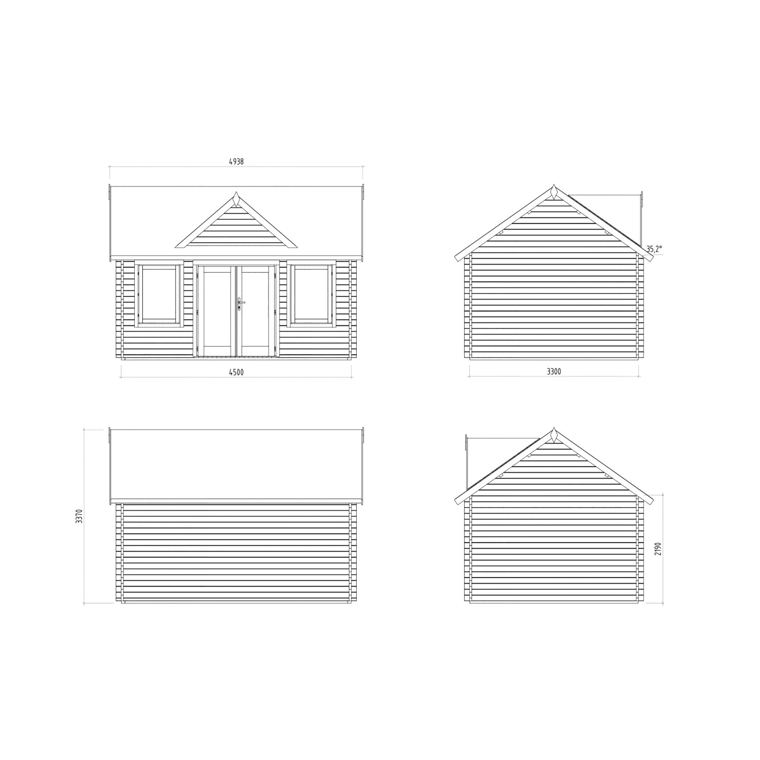 Technische Zeichnung Palmako Gartenhaus Claudia. Vier Ansichten mit Maßen: Front, Seiten, Rückseite. Blockbohlen, Doppeltür, Fenster.