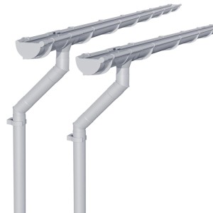 Graues Inefa PVC Dachrinnen Set, halbrund, mit Fallrohren und Verbindern für Gartenhaus Dachentwässerung.