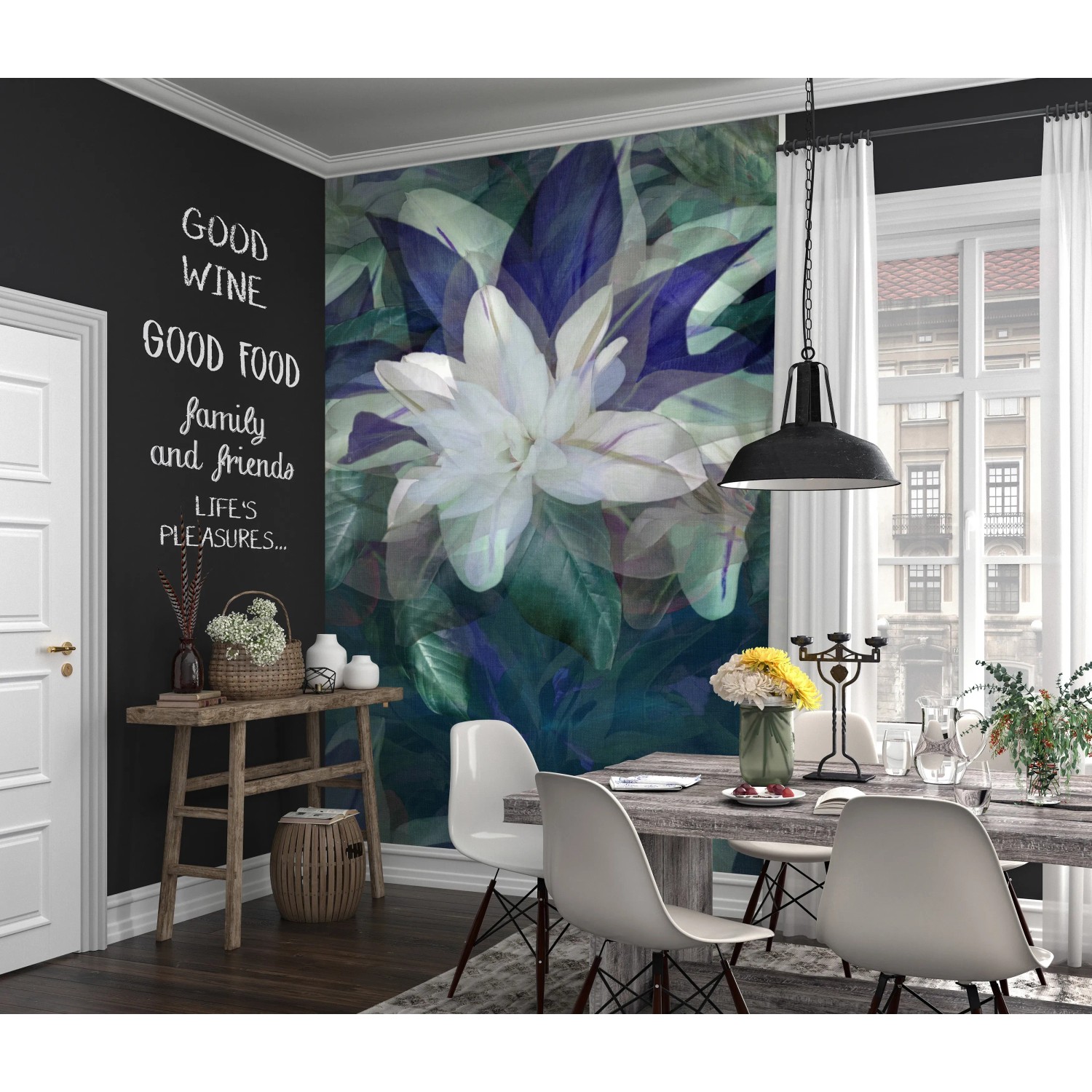 Erismann Fototapete Wild Bloom blau im Esszimmer. Blumen Tapete mit Blüten in Szene gesetzt.