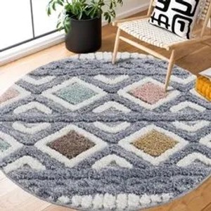 Runder payé Teppich Nara mit Boho-Rautenmuster in Pastell-Multi, 200x200 cm. Hochfloriger Teppich.