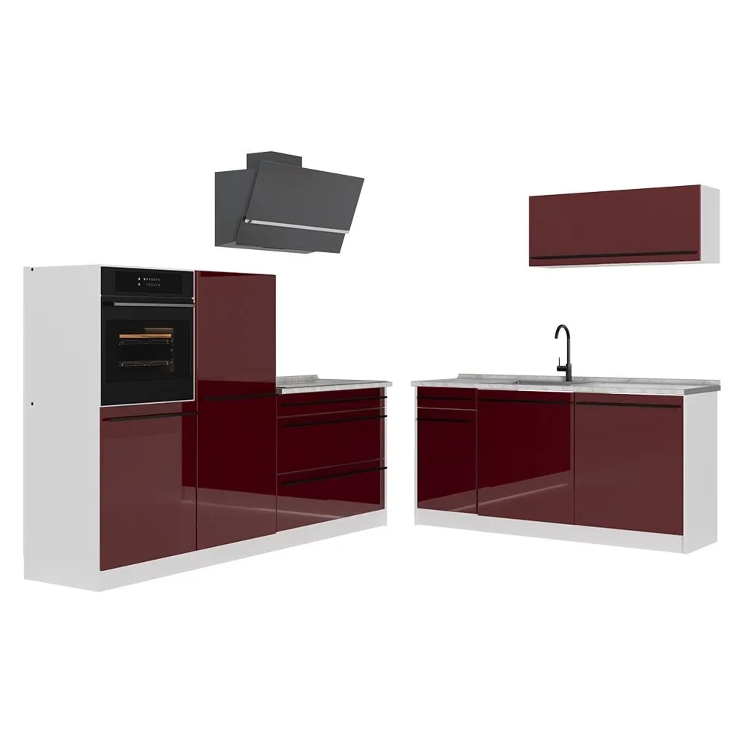 Vicco Küchenzeile R-Line Weiß Hochglanz/Goldkraft Eiche 220 x 143 Arbeitsplatte Marmor Art Nr 66329
