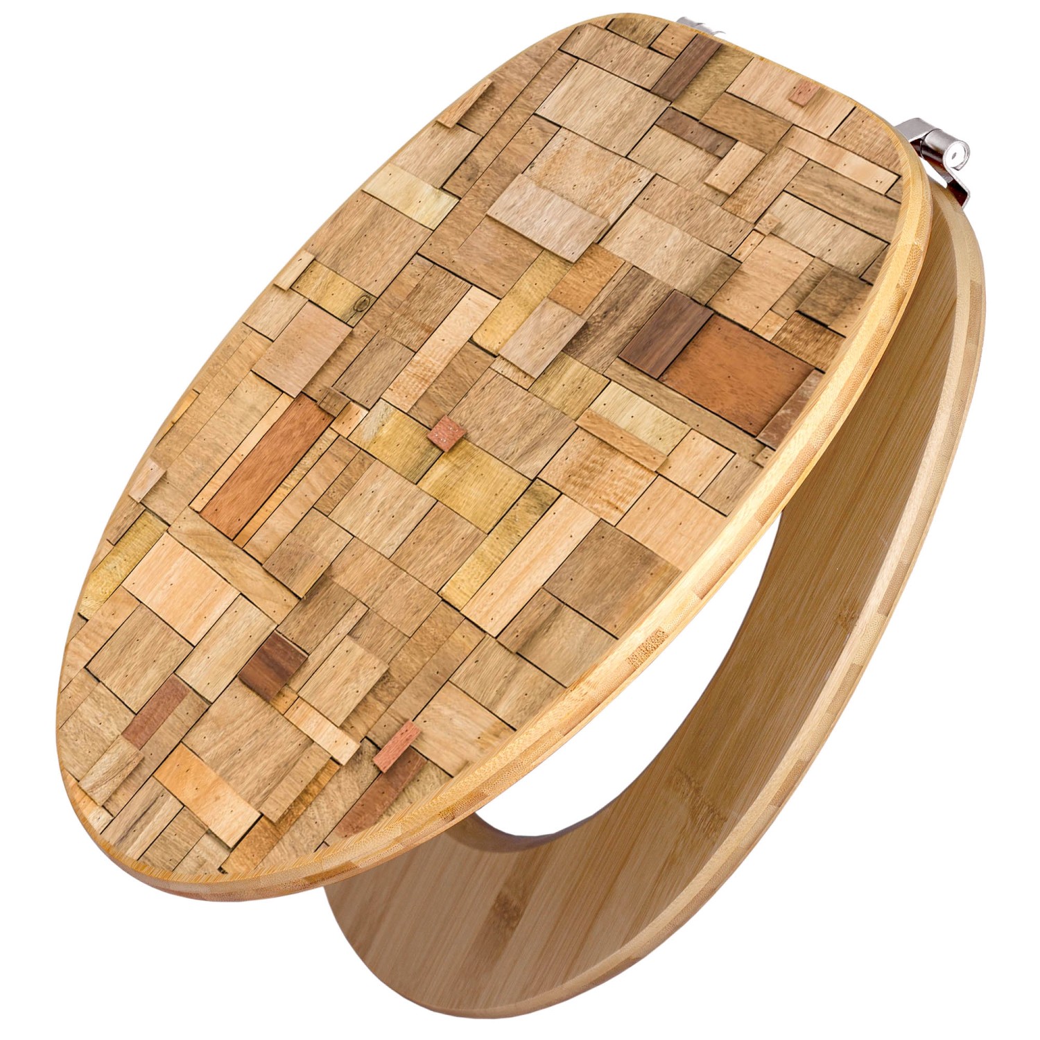 Banjado WC-Sitz aus Bambus mit Holzflickwerk-Motiv und Universal-Scharnieren.