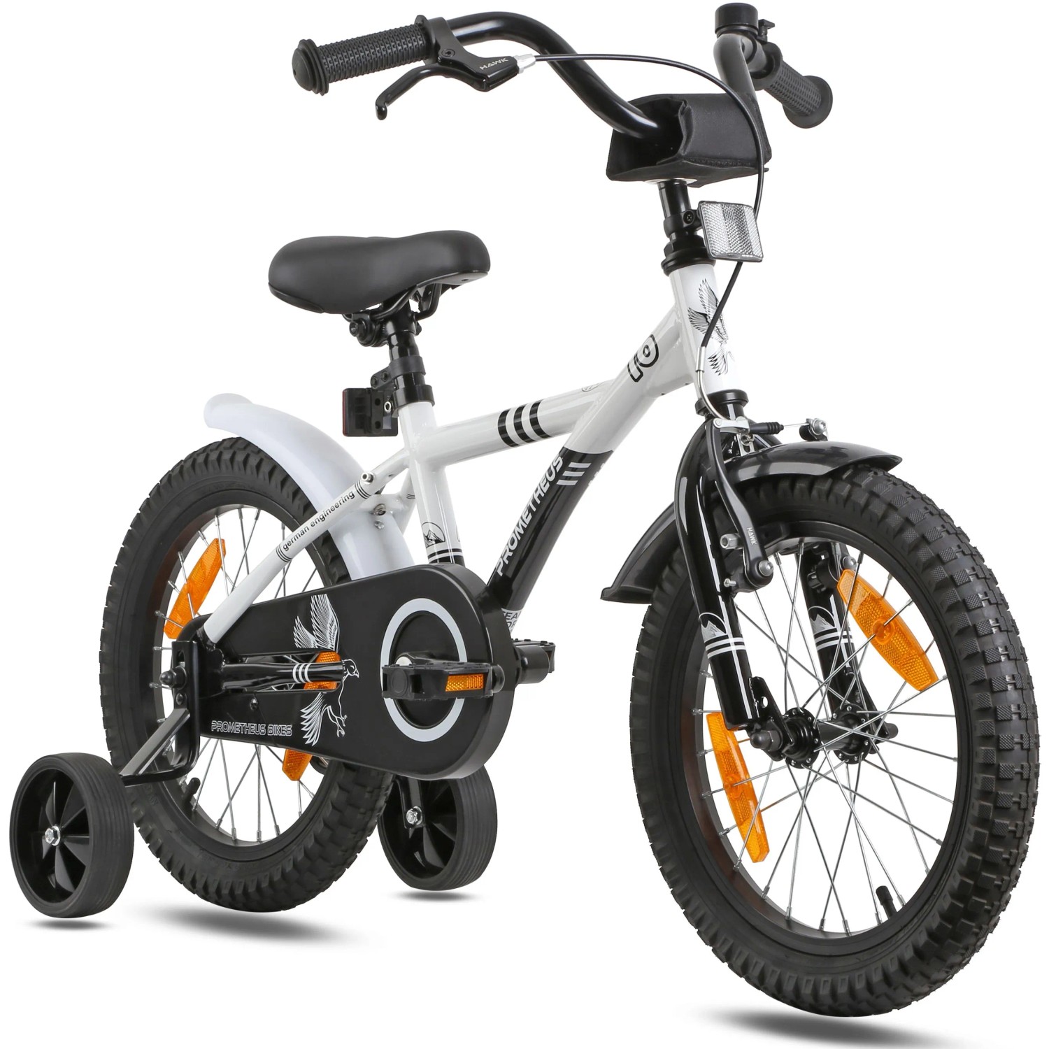 PROMETHEUS BIKES Kinderfahrrad 16 Zoll ab 4 und 5 Jahre mit Stützrädern und Rücktrittbremse Weiß
