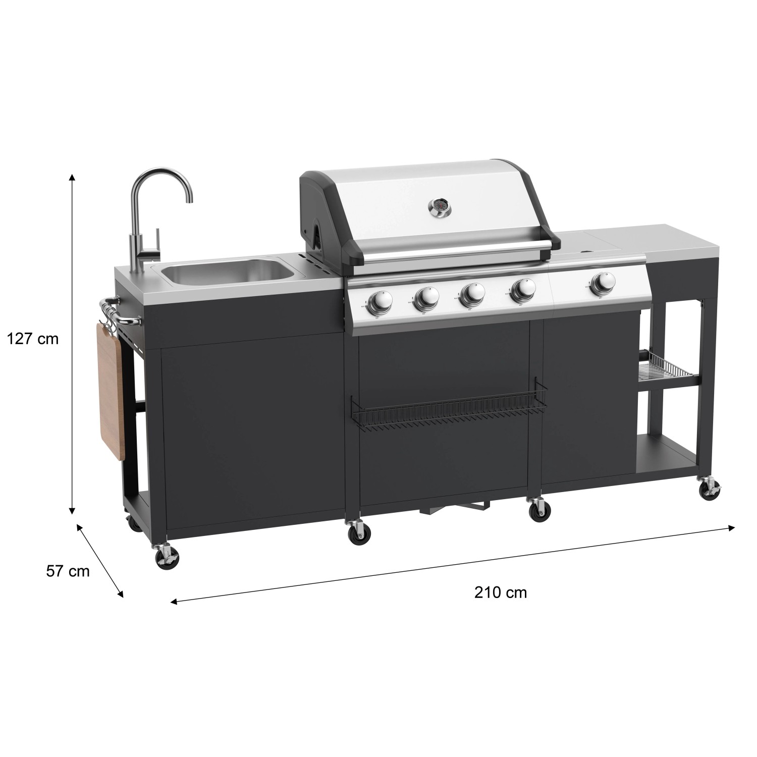 Schwarze Outdoor-Küche mit Gasgrill und Spüle, 210 cm breit.