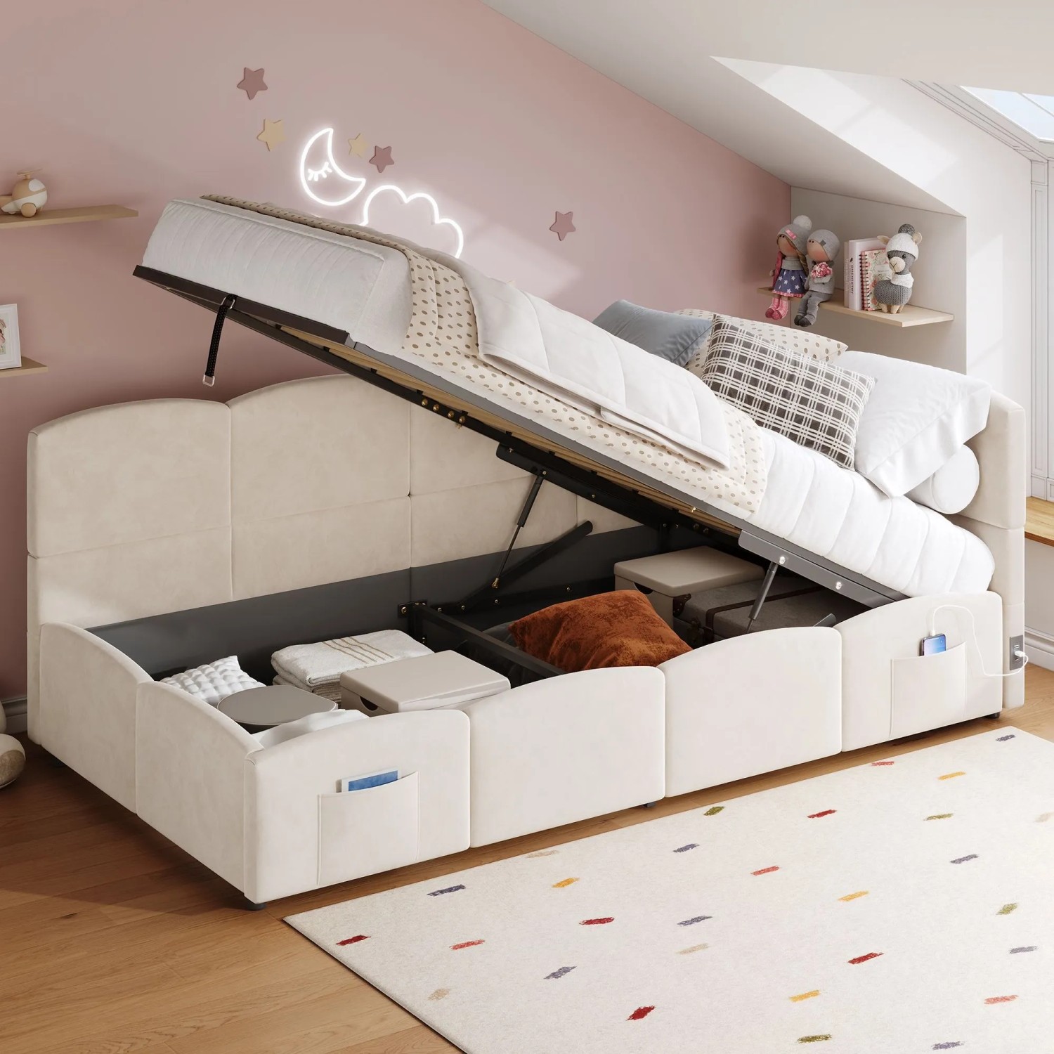 Merax Kinder Polsterbett 90 x 200 cm mit USB Stautasche Samt Beige