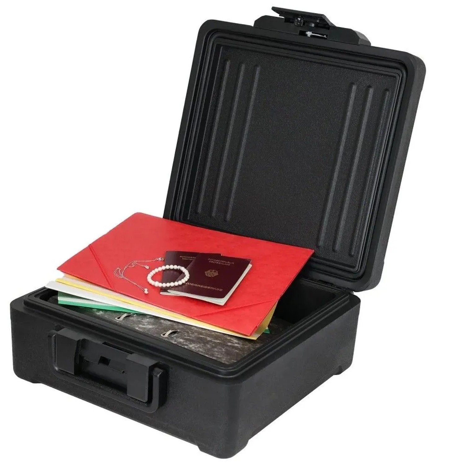 HMF feuerfeste, wasserdichte Dokumentenbox schwarz, offen mit A4-Ordnern, Pässen und Schmuck. Abschließbarer Tresor.