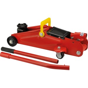 Roter Cartrend Hydraulik-Rangierwagenheber 2 t mit gelbem Griff und Hebelstange.