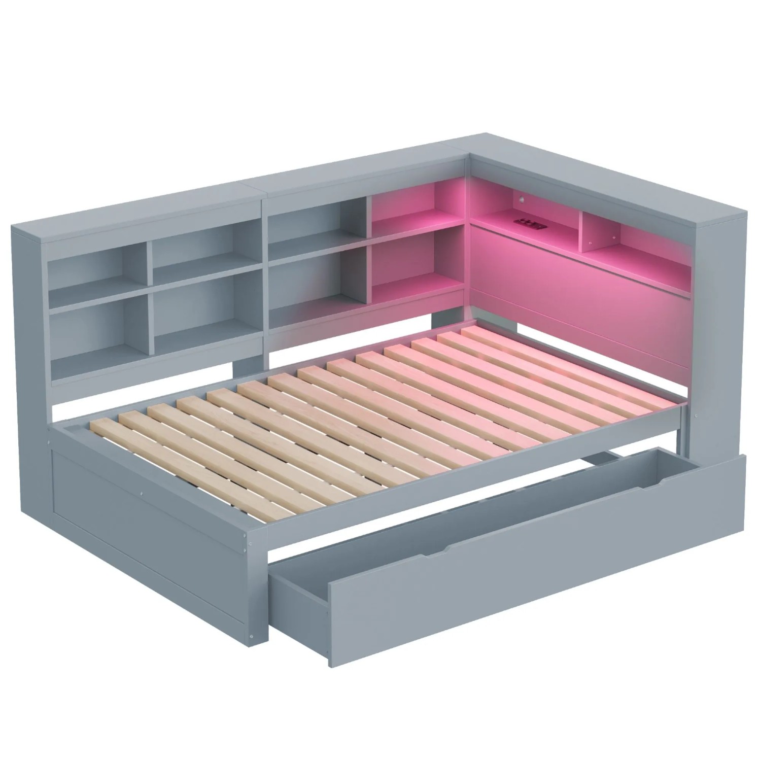 Merax Holzbett 140x200cm USB LED Schubladen Grau