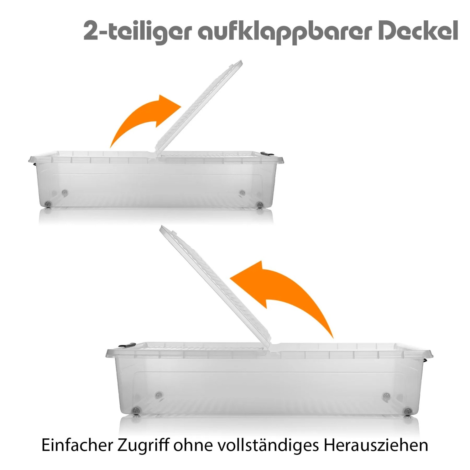 Transparente Unterbett Aufbewahrungsbox mit Rollen. Der 2-teilige Deckel ermöglicht einfachen Zugriff auf Kleidung & Spielzeug.