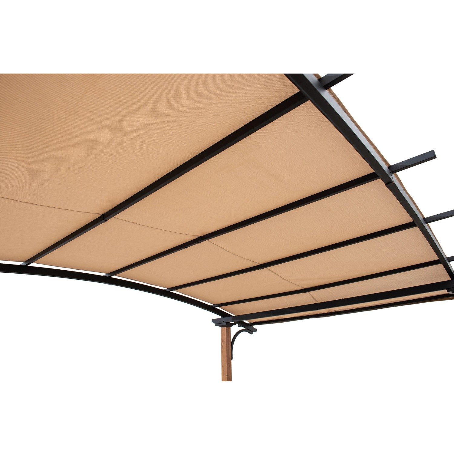 Sunjoy Pergola Skuta, 406x259 cm, beige Stoffbespannung und Holzoptik-Rahmen.