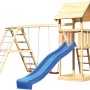 Karibu Spielturm Lotti mit Doppelschaukel, Klettergerüst und blauer Rutsche.